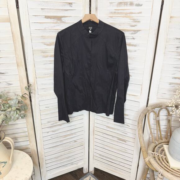 EILEEN FISHER Women's XL Italian Linen Button Blazer Black Mandarin Collar Moto - Picture 12 of 13